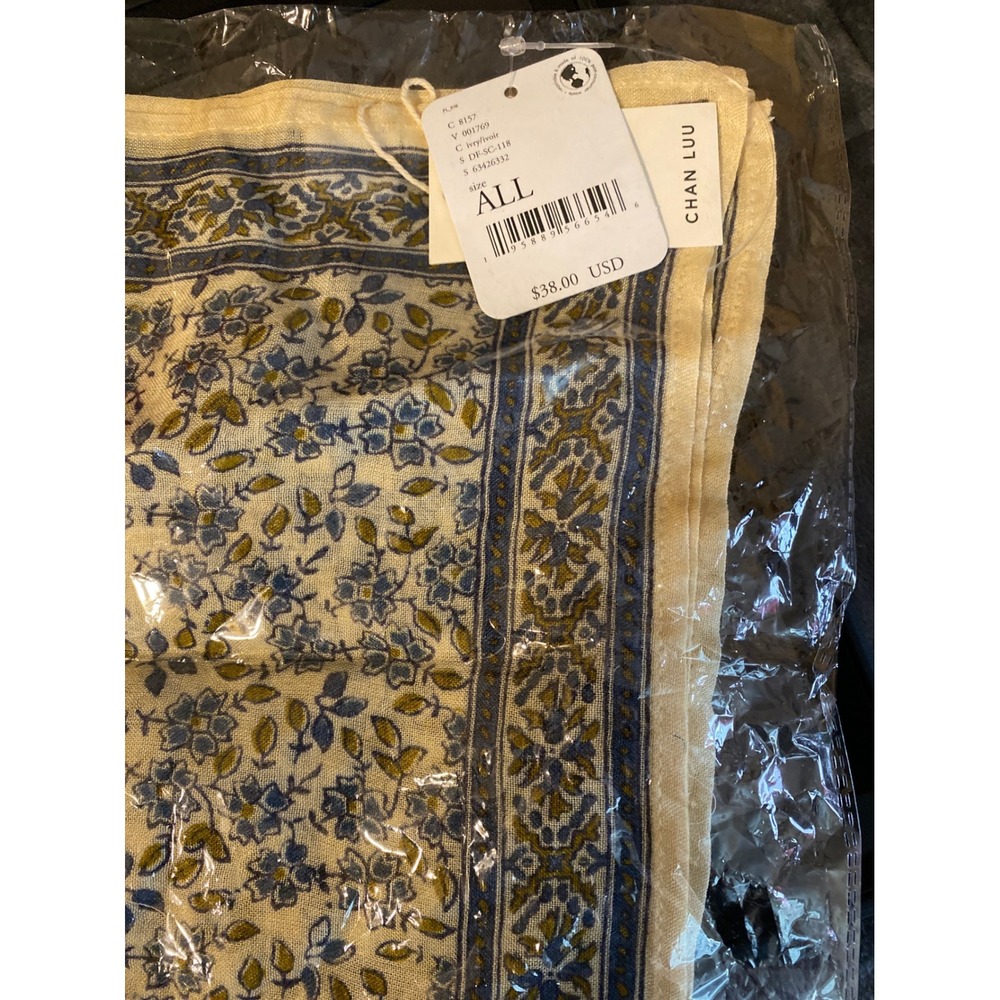 Chan Luu Ivory Floral Print Scarf Blue Olive Green NWT DF-SC-118 0571
